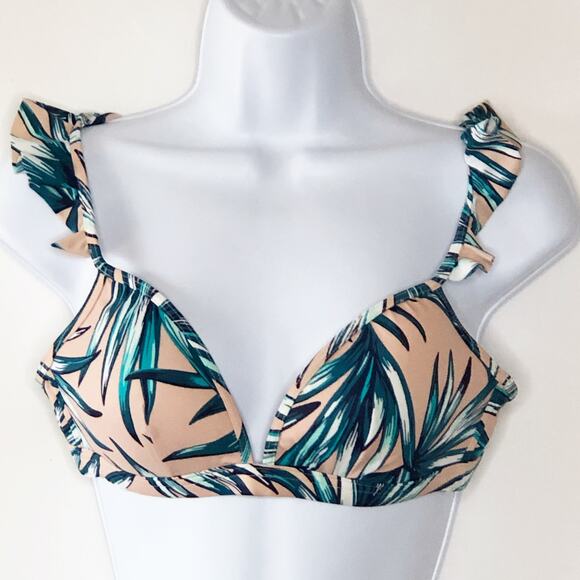 Victoria's Secret Pink Bikini Top Size Medium Tropical Leave Print No Underwire - Picture 1 of 5